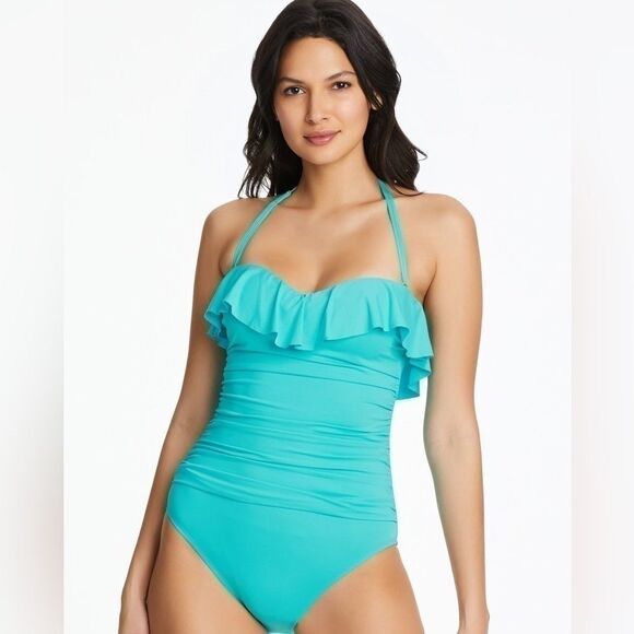 Bleu by Rod Beattie Shirred Ruffle Bandeau Mio One-Piece Swimsuit Wave size 14 - Picture 2 of 10